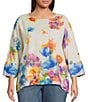 Ali Miles Plus Size Linen Blend Multi Floral Round Neck 3/4 Dolman Roll-Tab Sleeve Tunic, Color:Floral Multi - Image 5