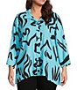Ali Miles Plus Size Linen Blend Printed Point Collar 3/4 Sleeve Button Front Tunic,All Products : American Fashion Style Bags On Sale