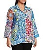 Ali Miles Plus Size Medallion Print Wire Collar 3/4 Sleeves Button Front Tunic, Color:Medallion Multi - Image 3
