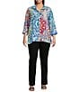 Ali Miles Plus Size Medallion Print Wire Collar 3/4 Sleeves Button Front Tunic, Color:Medallion Multi - Image 5
