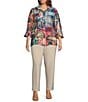 Color:Abstract Multi - Image 3 - Plus Size Patchwork Print Wire Collar 3/4 Sleeve Button-Front Tunic