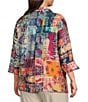 Color:Abstract Multi - Image 5 - Plus Size Patchwork Print Wire Collar 3/4 Sleeve Button-Front Tunic
