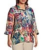 Color:Abstract Multi - Image 4 - Plus Size Patchwork Print Wire Collar 3/4 Sleeve Button-Front Tunic