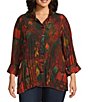 Ali Miles Plus Size Printed Collared 3/4 Sleeve Button Down Top,All Products : American Fashion Style Bags On Sale