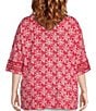 Color:Red - Image 2 - Plus Size Printed Knit Linen Blend Crew Neck 3/4 Sleeve Hi-Low Hem Pop Over Tunic