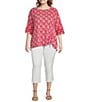 Color:Red - Image 4 - Plus Size Printed Knit Linen Blend Crew Neck 3/4 Sleeve Hi-Low Hem Pop Over Tunic