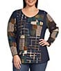 Ali Miles Plus Size Printed Knit V-Neck Long Sleeve Pullover Top - Image 1