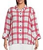 Color:Red/White - Image 1 - Plus Size Printed Stripes Woven Point Collar Neck 3/4 Sleeve Button Front Tunic