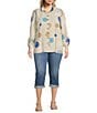 Color:Flax - Image 4 - Plus Size Printed Woven Collar Neck 3/4 Sleeve Button Front Tunic