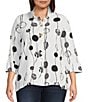 Ali Miles Plus Size Printed Woven Crinkle Wire Collar 3/4 Sleeve Button Front Tunic, Color:Black White Print - Image 1