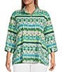 Color:Multi - Image 1 - Plus Size Printed Woven Point Collar Neck 3/4 Sleeve Button Front Tunic