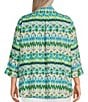 Color:Multi - Image 2 - Plus Size Printed Woven Point Collar Neck 3/4 Sleeve Button Front Tunic