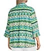 Color:Multi - Image 3 - Plus Size Printed Woven Point Collar Neck 3/4 Sleeve Button Front Tunic