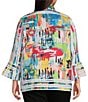 Ali Miles Plus Size Printed Woven Wire Collar 3/4 Bell Sleeve Button-Front Blouse, Color:Abstract Multiple - Image 2