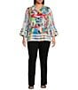Ali Miles Plus Size Printed Woven Wire Collar 3/4 Bell Sleeve Button-Front Blouse, Color:Abstract Multiple - Image 3