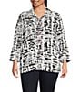 Color:Black/White - Image 1 - Plus Size Printed Woven Wire Collar 3/4 Bell Sleeve Button-Front Tunic