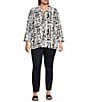 Color:Black/White - Image 3 - Plus Size Printed Woven Wire Collar 3/4 Bell Sleeve Button-Front Tunic
