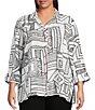 Ali Miles Plus Size Printed Woven Wire Collar 3/4 Sleeve Button-Front Blouse, Color:Black/White - Image 1