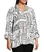 Ali Miles Plus Size Printed Woven Wire Collar 3/4 Sleeve Button-Front Blouse, Color:Black/White - Image 3