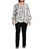 Ali Miles Plus Size Printed Woven Wire Collar 3/4 Sleeve Button-Front Blouse, Color:Black/White - Image 5