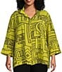 Ali Miles Plus Size Printed Woven Wire Collar 3/4 Sleeve Button-Front Blouse, Color:Citron - Image 1