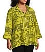 Ali Miles Plus Size Printed Woven Wire Collar 3/4 Sleeve Button-Front Blouse, Color:Citron - Image 3