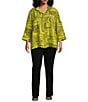 Ali Miles Plus Size Printed Woven Wire Collar 3/4 Sleeve Button-Front Blouse, Color:Citron - Image 5