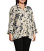 Ali Miles Plus Size Pucker Woven Printed Wire Collar 3/4 Sleeves Button Front Shirt, Color:Khaki - Image 3