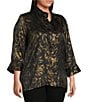 Ali Miles Plus Size Shimmer Woven Allover Multi Print Wire Collar 3/4 Bell Sleeve Button-Front Tunic, Color:Multi - Image 3
