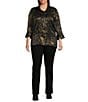 Ali Miles Plus Size Shimmer Woven Allover Multi Print Wire Collar 3/4 Bell Sleeve Button-Front Tunic, Color:Multi - Image 5