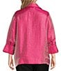 Color:Bright Pink - Image 2 - Plus Size Shimmer Woven Round Collar 3/4 Sleeve Button-Front Jacket