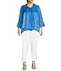 Color:Royal - Image 3 - Plus Size Shimmer Woven Round Collar 3/4 Sleeve Button-Front Jacket