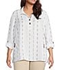 Ali Miles Plus Size Stripe Dotted Geometric Wire Collar 3/4 Roll-Tab Sleeve Tunic, Color:French Almond - Image 1