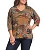 Ali Miles Plus Size Textured Knit Floral Multi Print V-Neck 3/4 Sleeve Pullover Top - Image 1