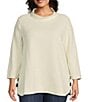 Color:Winter White - Image 1 - Plus Size Textured Knit Mock Neck 3/4 Sleeve Side Button Hem Detail Tunic