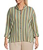 Ali Miles Plus Size Textured Knit Yarn-Dye Stripe Point Collar 3/4 Roll Tab Sleeve Button Front Shirt - Image 1