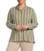 Plus Size Textured Knit Yarn-Dye Stripe Point Collar Long Roll-Tab Sleeve Button Front Shirt - Image 3