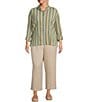 Plus Size Textured Knit Yarn-Dye Stripe Point Collar Long Roll-Tab Sleeve Button Front Shirt - Image 4