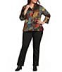 Ali Miles Plus Size Textured Woven Abstract Multi Print Wire Collar 3/4 Sleeve Button-Front Blouse - Image 3