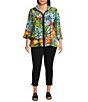 Ali Miles Plus Size Textured Woven Abstract Multi Print Wire Collar 3/4 Sleeve Button-Front Tunic, Color:Abstract Multi - Image 3