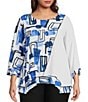 Color:White/Blue - Image 1 - Plus Size Textured Woven Abstract Print Crew Neck 3/4 Sleeve Asymmetric Hem Tunic