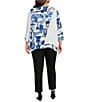 Color:White/Blue - Image 2 - Plus Size Textured Woven Abstract Print Crew Neck 3/4 Sleeve Asymmetric Hem Tunic