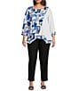 Color:White/Blue - Image 3 - Plus Size Textured Woven Abstract Print Crew Neck 3/4 Sleeve Asymmetric Hem Tunic