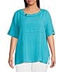 Color:Turquoise - Image 1 - Plus Size Textured Woven Contrast Stitch Round Neck 3/4 Sleeve Tunic