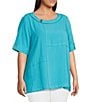 Color:Turquoise - Image 3 - Plus Size Textured Woven Contrast Stitch Round Neck 3/4 Sleeve Tunic