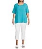 Color:Turquoise - Image 4 - Plus Size Textured Woven Contrast Stitch Round Neck 3/4 Sleeve Tunic