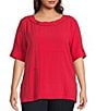 Color:Watemelon - Image 1 - Plus Size Textured Woven Contrast Stitch Round Neck 3/4 Sleeve Tunic
