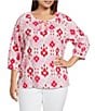 Ali Miles Plus Size Textured Woven Printed Split V-Neck 3/4 Tiered Sleeve Tunic - Image 1