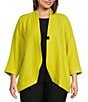 Color:Citron - Image 1 - Plus Size Textured Woven Stand Collar 3/4 Sleeve Pocketed Asymmetric Hem One Button-Front Jacket