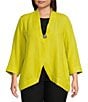 Color:Citron - Image 4 - Plus Size Textured Woven Stand Collar 3/4 Sleeve Pocketed Asymmetric Hem One Button-Front Jacket